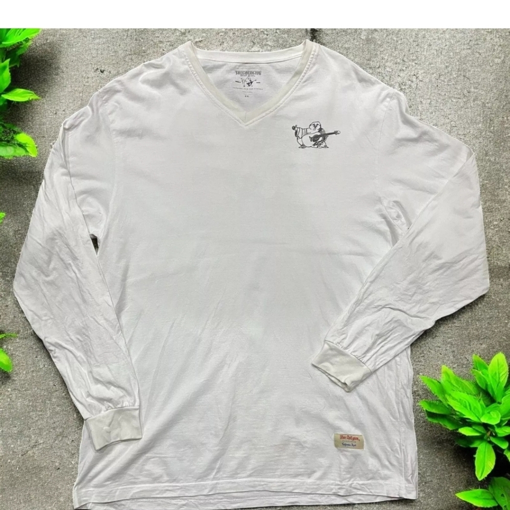 True Religion V-Neck Buddah Logo White Black L/S T-Shirt Men's Big & Tall 4XL